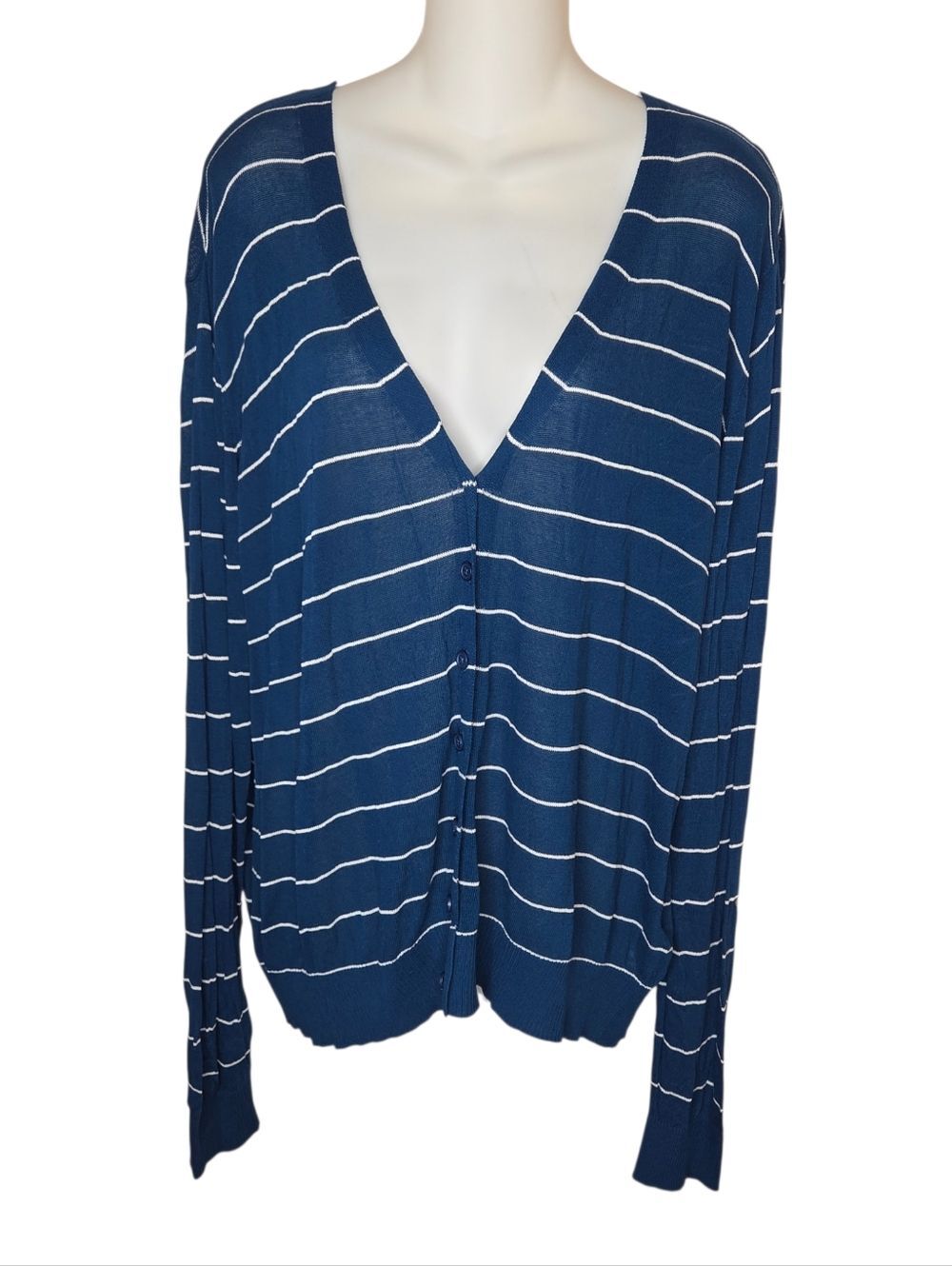 LuLaRoe Cheryl 3XL Cardigan Navy White Striped Button Front Pointelle Back